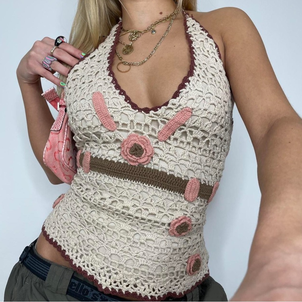 Crochet Halter Tank Top in Cream with Pink Accents